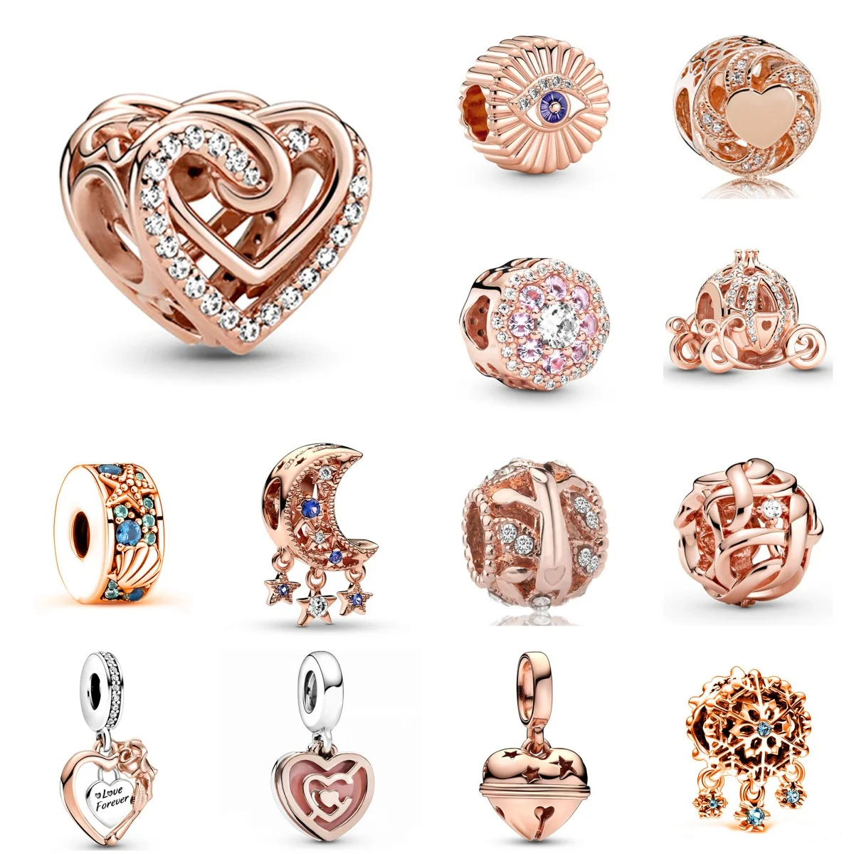 

2024 New Rose Gold Plated Pendants Heart Diamond Charm Beads For Women Fashion DIY Bracelet Necklace Jewelry Accessories Gifts