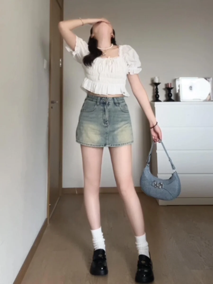 

Sweet Spicy American Style High Waist Denim Skirt Women's Summer Retro Elastic Slim Fit Bodycon Short Skirt