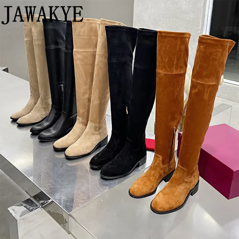 Designer Genuine Leather Thigh High boots Chunky Heel Women\'s Long Boots Runway Round Toe Suede Dress Shoes Over the knee boots