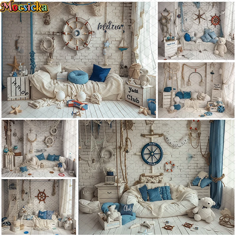 Mocsicka Photography Background Indoor Yacht Club Theme Cake Smash Birthday Party Kids Portraits Decor Backdrop Photo Studio