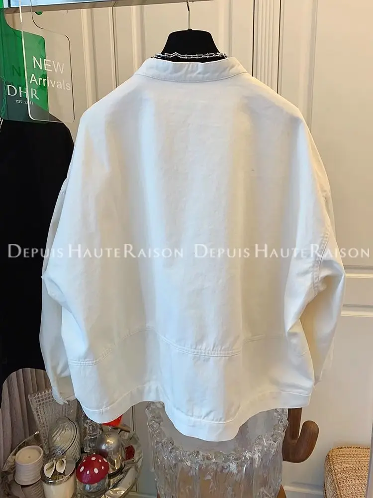 Handsome stand up collar motorcycle jacket for women's 2024 spring clothing new  solid color cotton large pocket top trendy