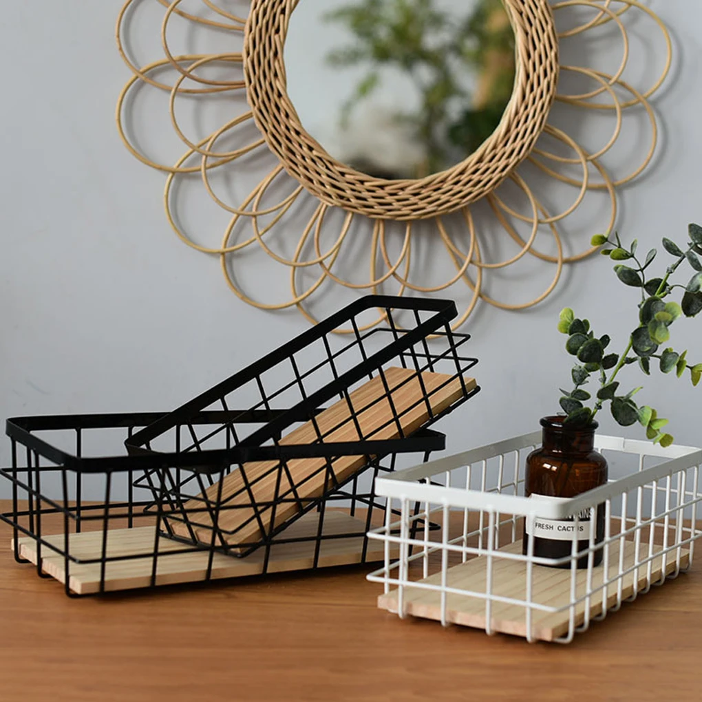 Metal Storage Basket Wood Base Wrought Iron Organizer Decorative Home Tableware Sundries Cosmetics Wall Decorations