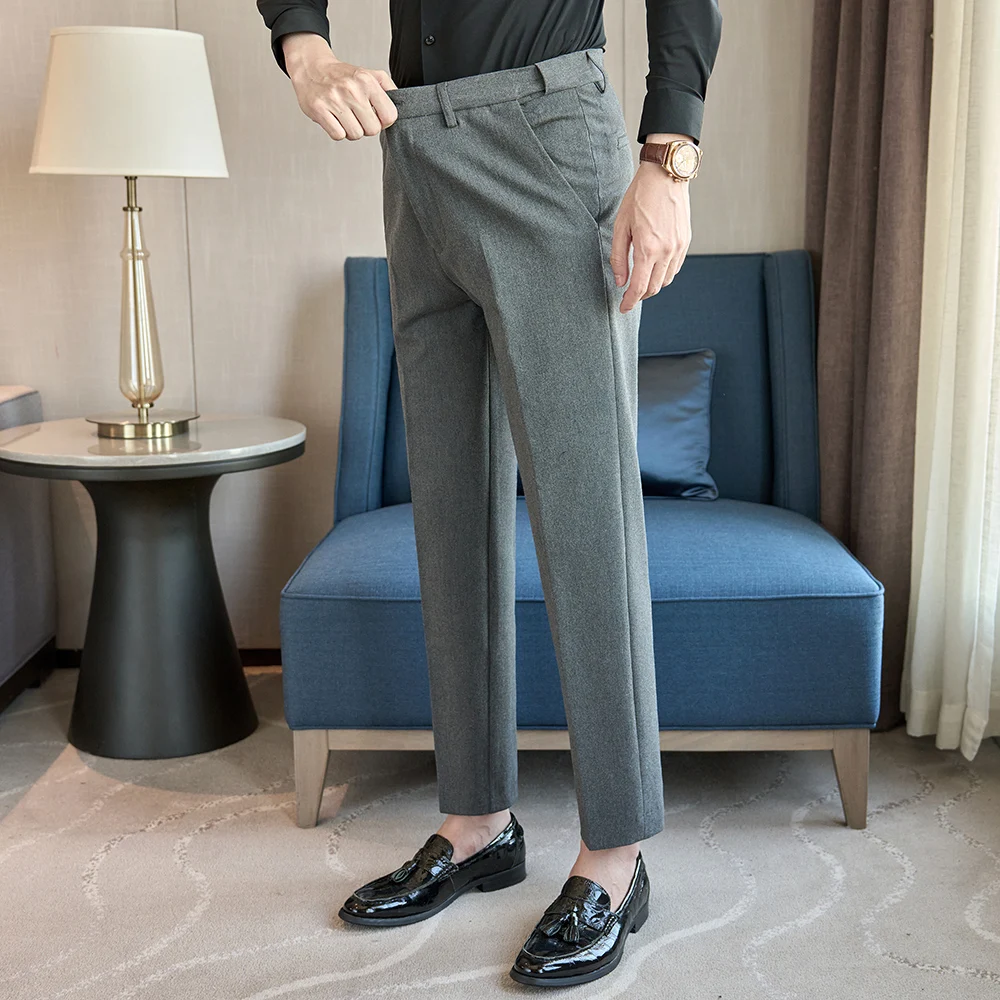 

Men's Autumn Winter Dress Pants - Light Gray Slim Fit (Charcoal/Black) Thickened Stretch Fabric Elastic Waist Business Trousers