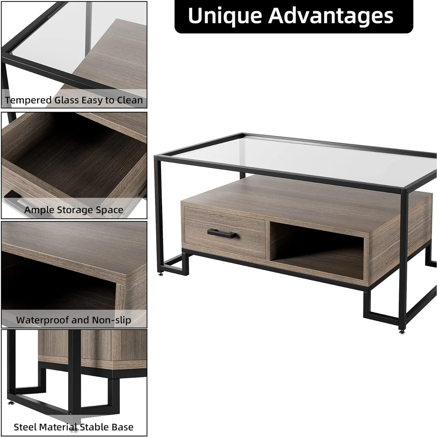 Rectangular Coffee Table, Glass Coffee Table with Storage Shelf & Drawer Mid Century Glass Top Accent Table for Home Living Room