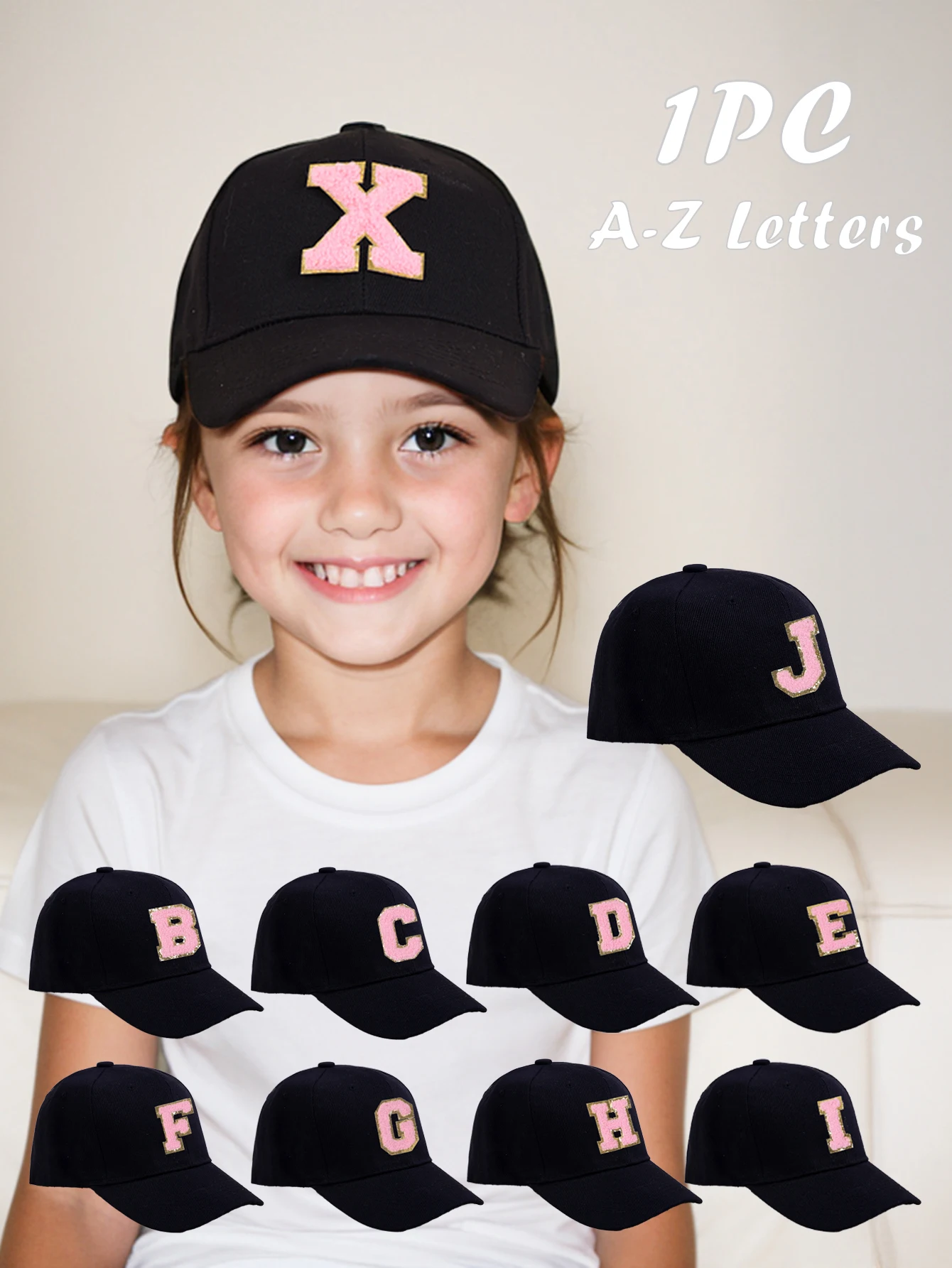 1pc Kids' 26 Letter Pattern Solid black Baseball Cap, Fashio