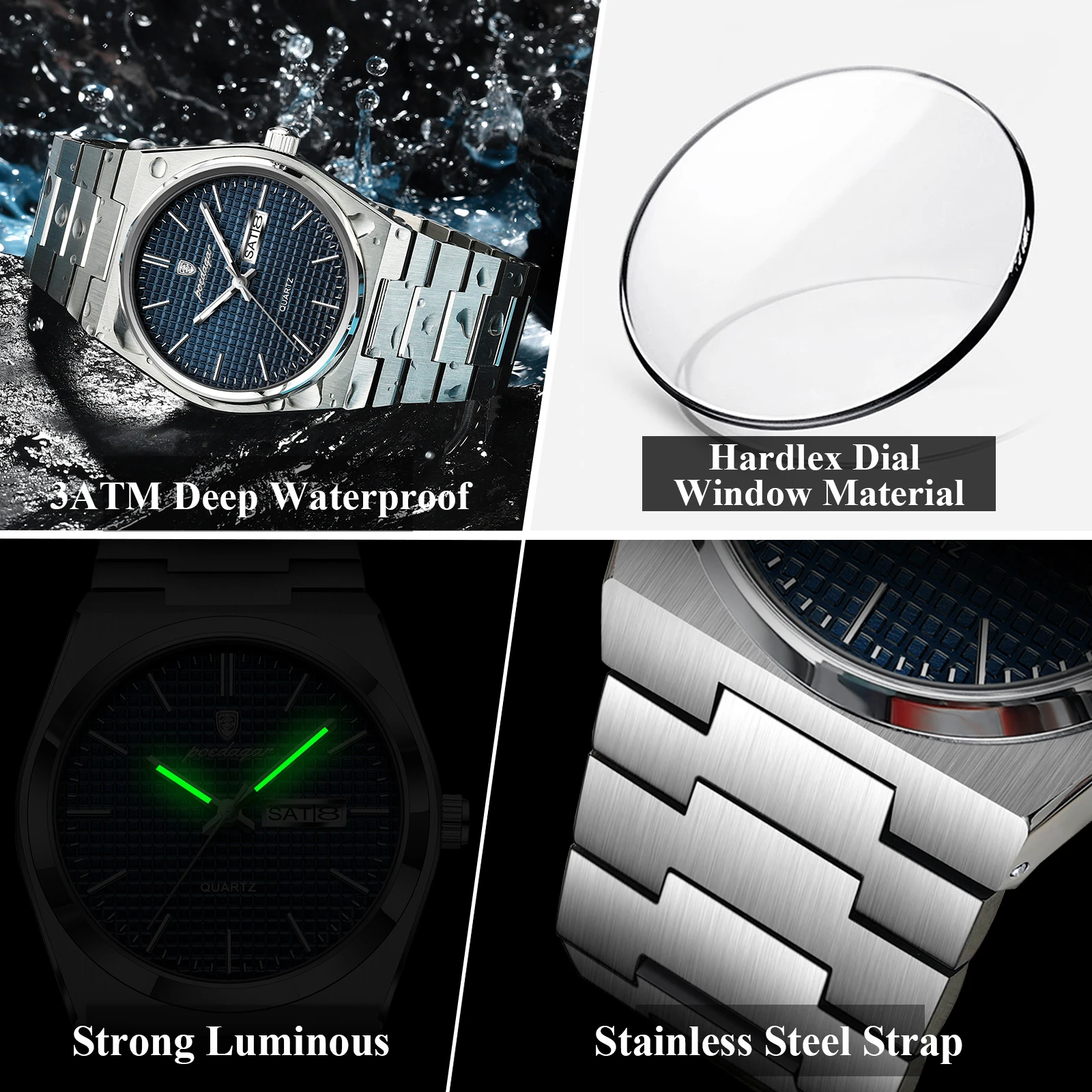 POEDAGAR Luxury Sport Man Watch Military Waterproof Luminous Date Week Men Watch Stainless Steel Quartz Men\'s Watches Male Clock