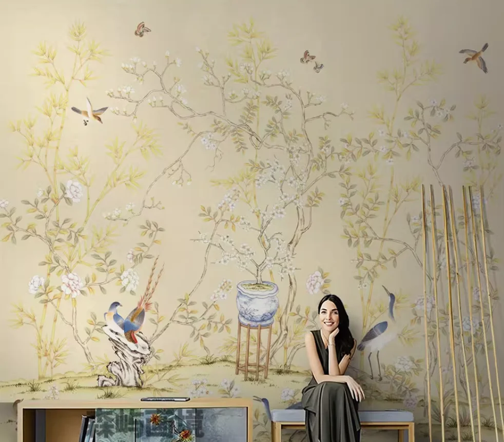 New Chinese Art Plant Entrance Wallpaper Living Room Retro Flower and Bird TV Background Wall Bedroom Custom Mural