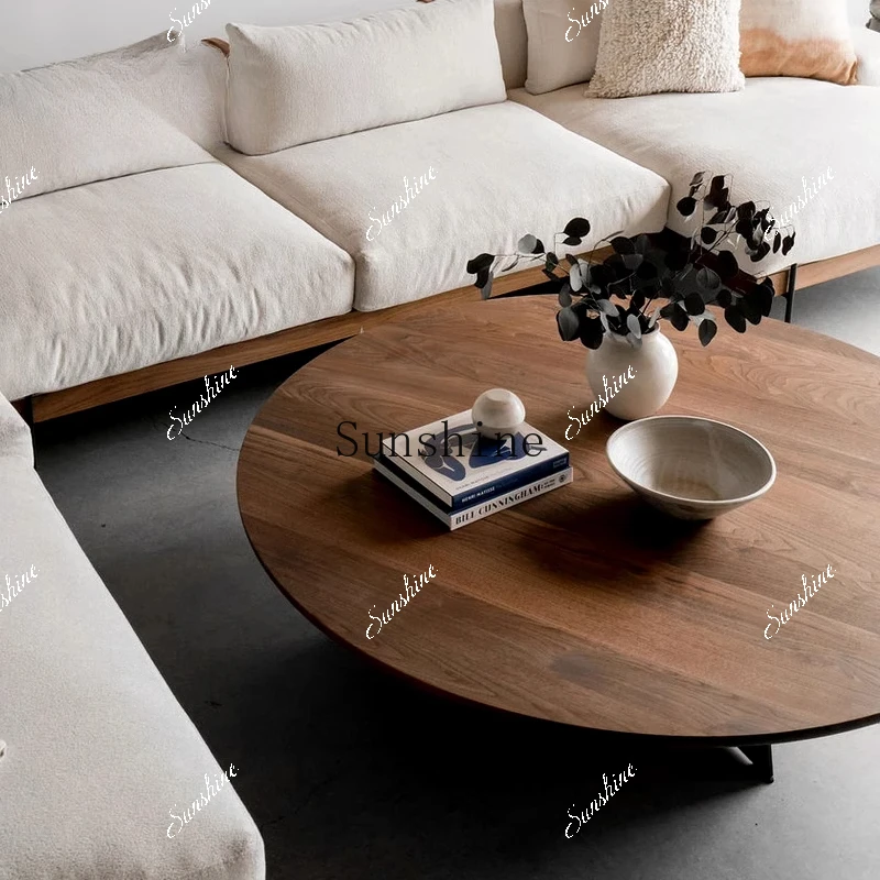 

Ancient walnut round coffee table metal craft simple tea table FT