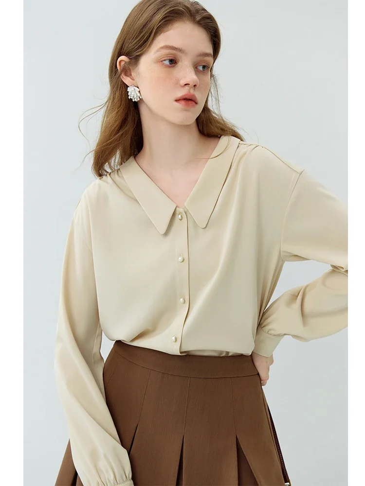 

FSLE French Style Design Sense Autumn Chic V-word Small Lapel Shirt for Women Simple Fashion Lantern Sleeve Shirt Top Female