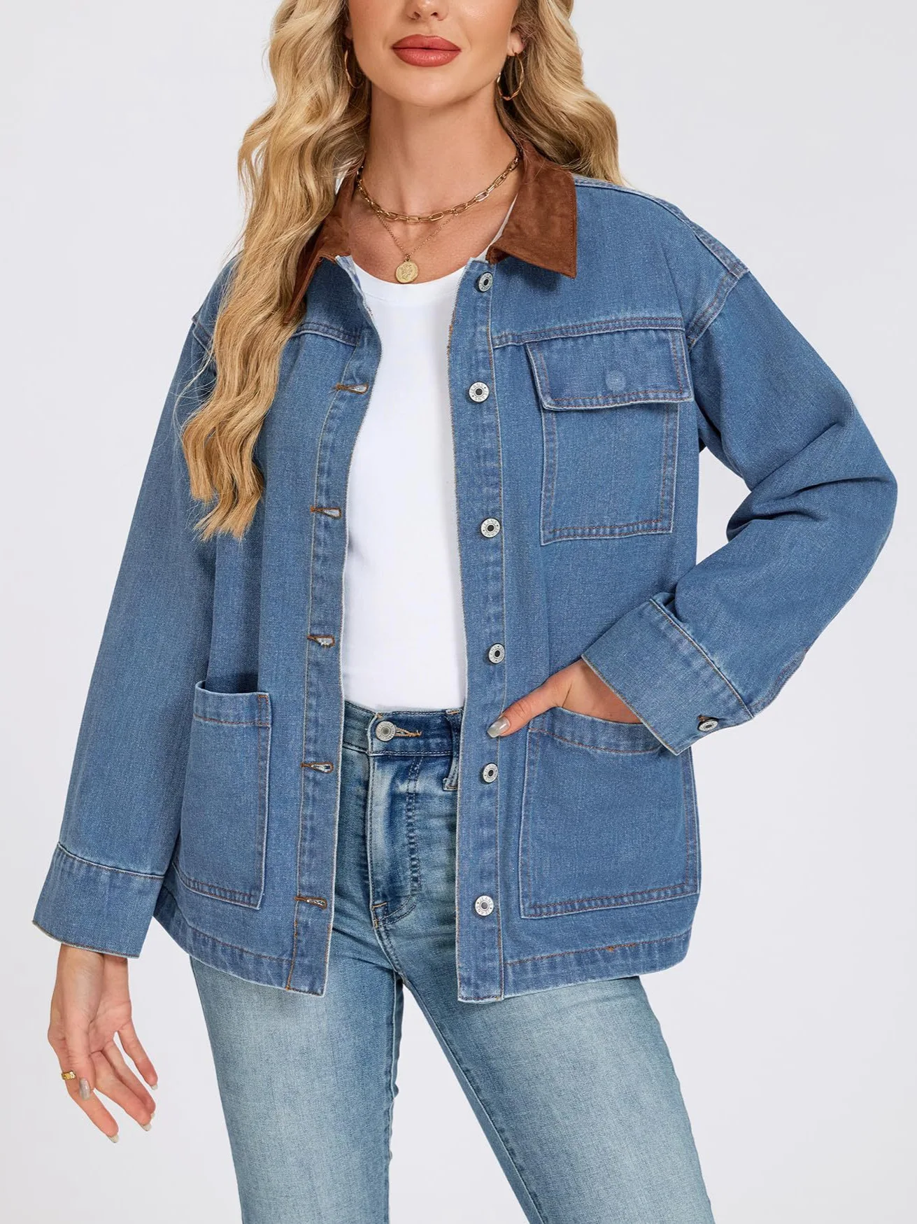 

Spring 2026 Trendy Women's Denim Top Splicing Collar Design Denim Jacket for Women Casual Fashion Outerwear