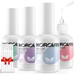 Dip Powder Liquid Set with Activator Base Top Coat and Dipping Powder Brush Saver 4pcs 0.5oz for Dip Powder Nail Kit