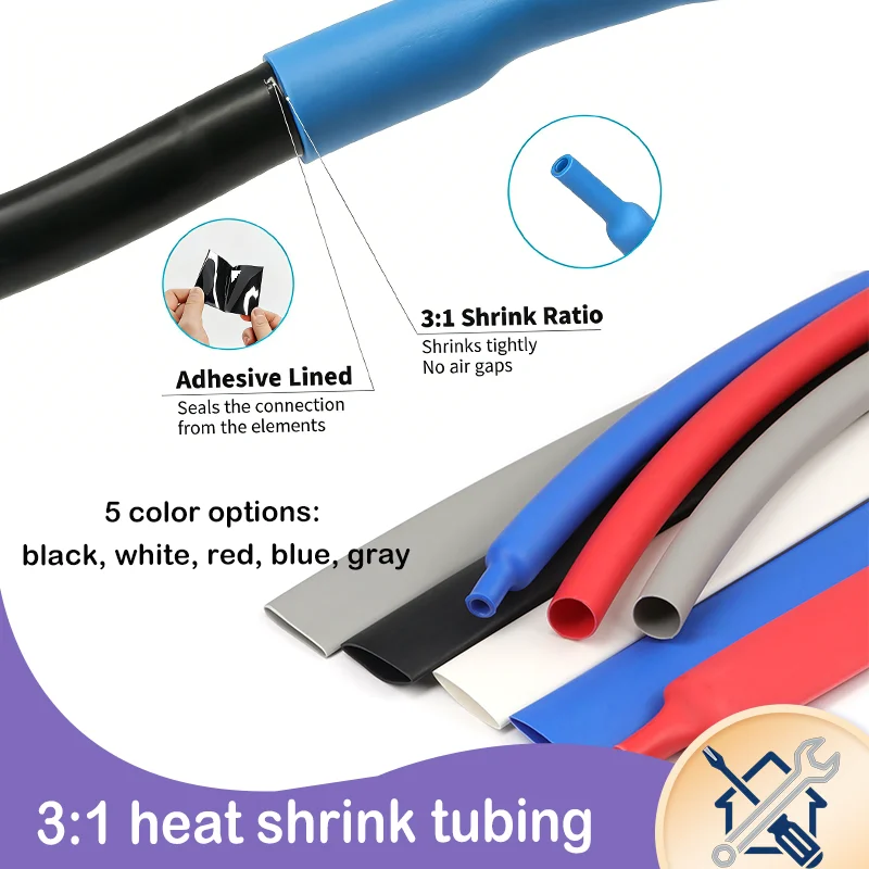 

1/5/10M 3:1 Double Wall Glue Lined Heat Shrink Tube - 1.6-50mm Diameter 5 Colors Adhesive Insulation Tubing