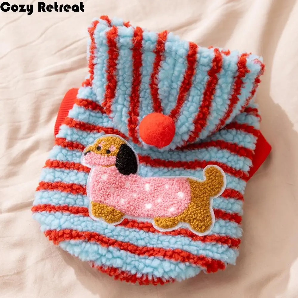 

Cartoon Pattern Striped Dog Hoodie Thickened Warm Dog Sweatshirt Wind Proof with Ball Winter Dog Clothes Festival
