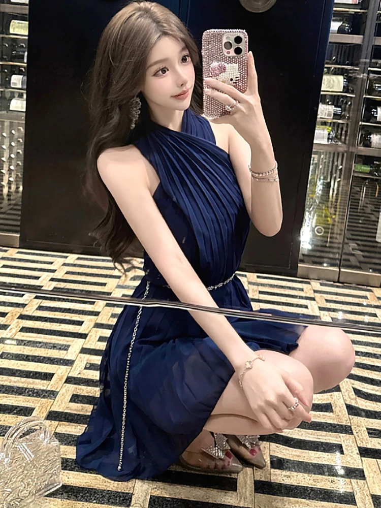 Women Blue Chiffon Pleated Bodycon Chain Bandage Dress Summer Elegant Neck-mounted Sexy Mini Dress 2025 Korean Casual Prom Dress