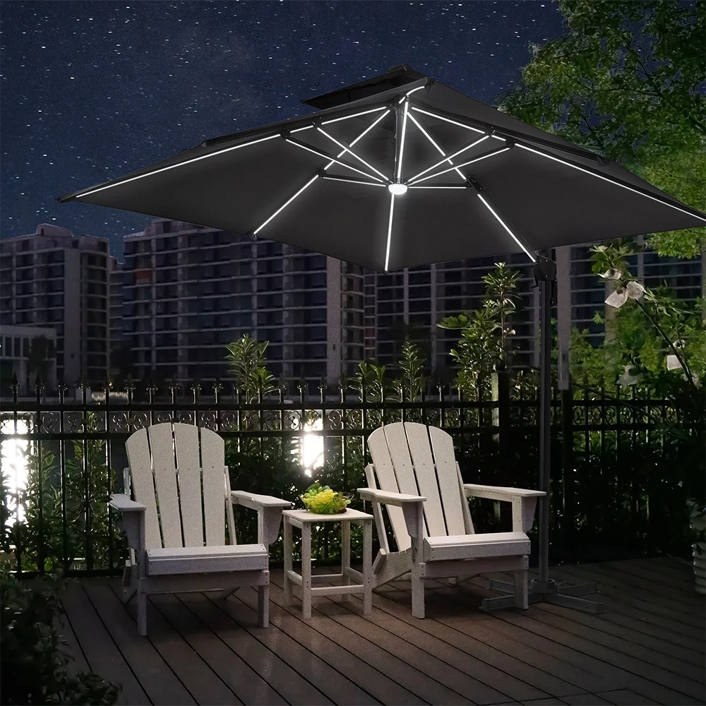 【Breeins】3M Dark Grey Garden LED Light Parasol Outdoor Umbrella with Cross Base