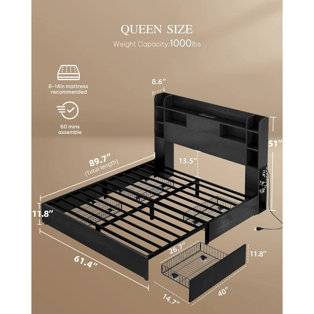 King Bed Frame with Bookcase Headboard and 4 Storage Drawers, RGB LED Type-C & USB Charging Station Bed, No Box Spring Needed