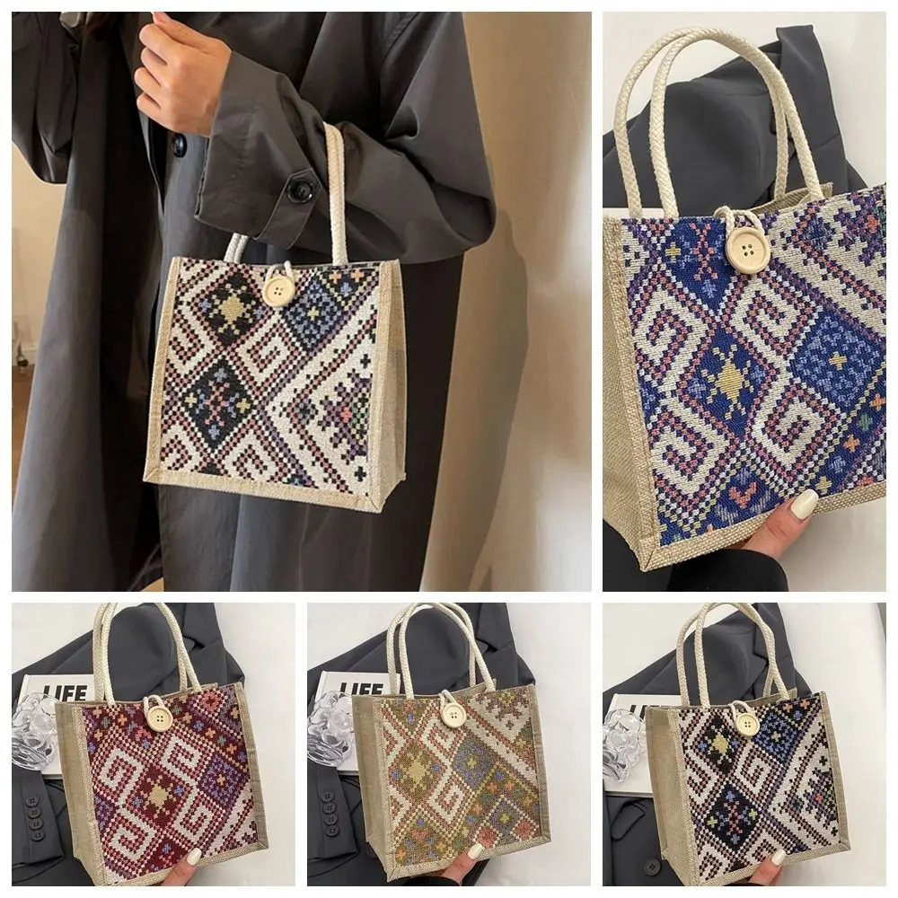 Embroidery Ethnic Style Canvas Bag Large Capacity Portable Linen Handbag Print Storage Bag Printing Cloth Lunch Bag Female/Girls