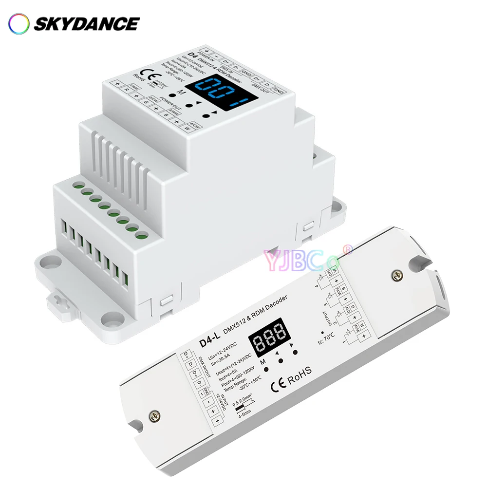 skydance din rail canais dmx512 decodificador 12v24v 205a 4ch rdm dmx controlador de sinal para cor unica cct rgb rgbw led strip 01