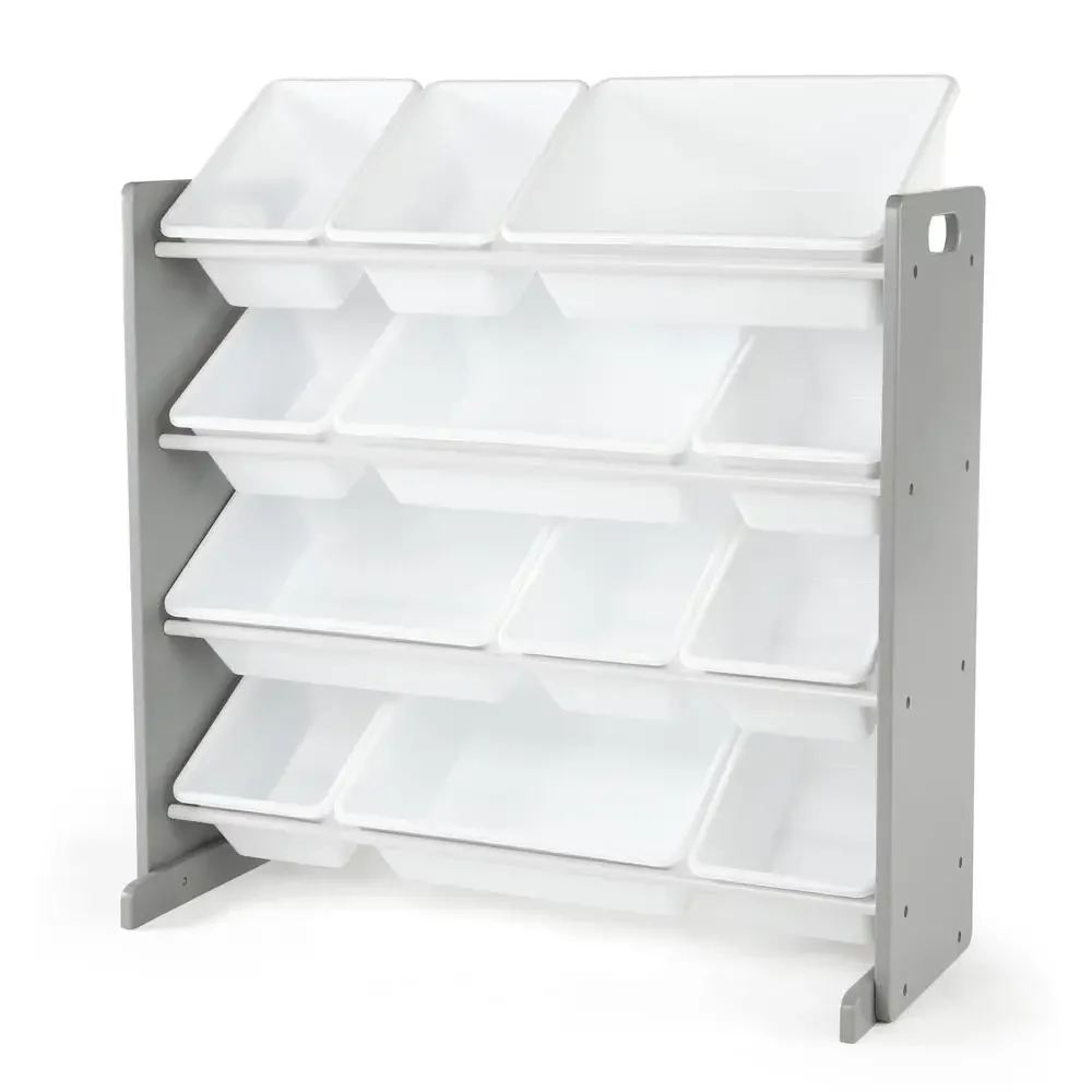 Toy Storage Organizer with 12 Bins Grey/White Finish Sturdy Construction Easy Assembly