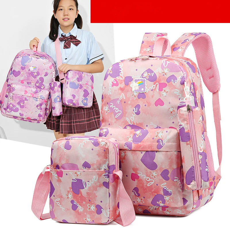 Cartoon love printed school backpack for teenage girls 3 pieces/set waterproof nylon children backpacks kids school bags satchel