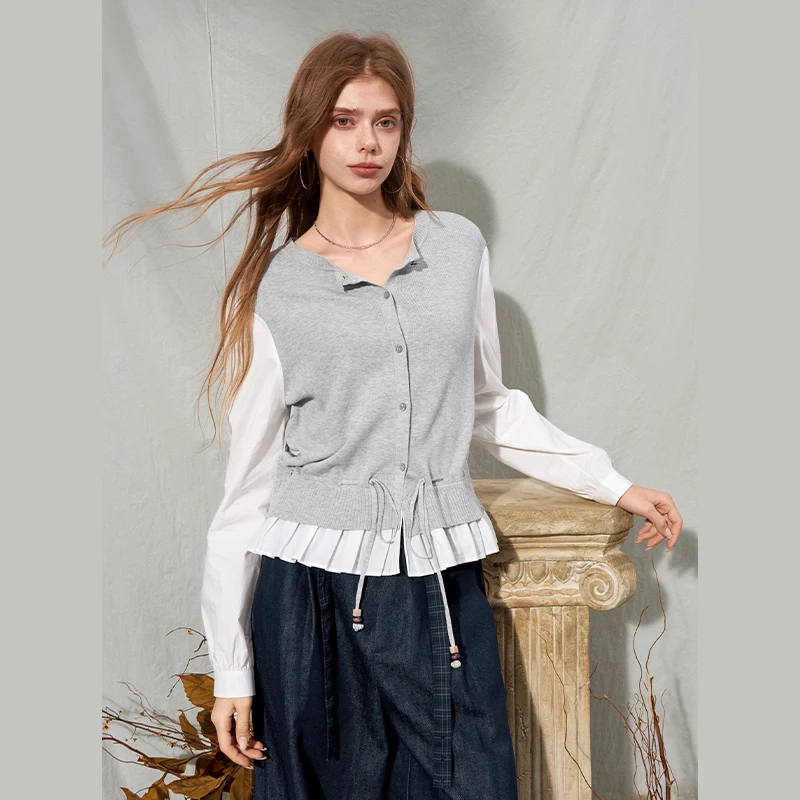 ELFSACK Women's Contrast Patchwork Cardigan with Drawstring Waist, Round Neck Long Sleeve Casual Top for Everyday Wear