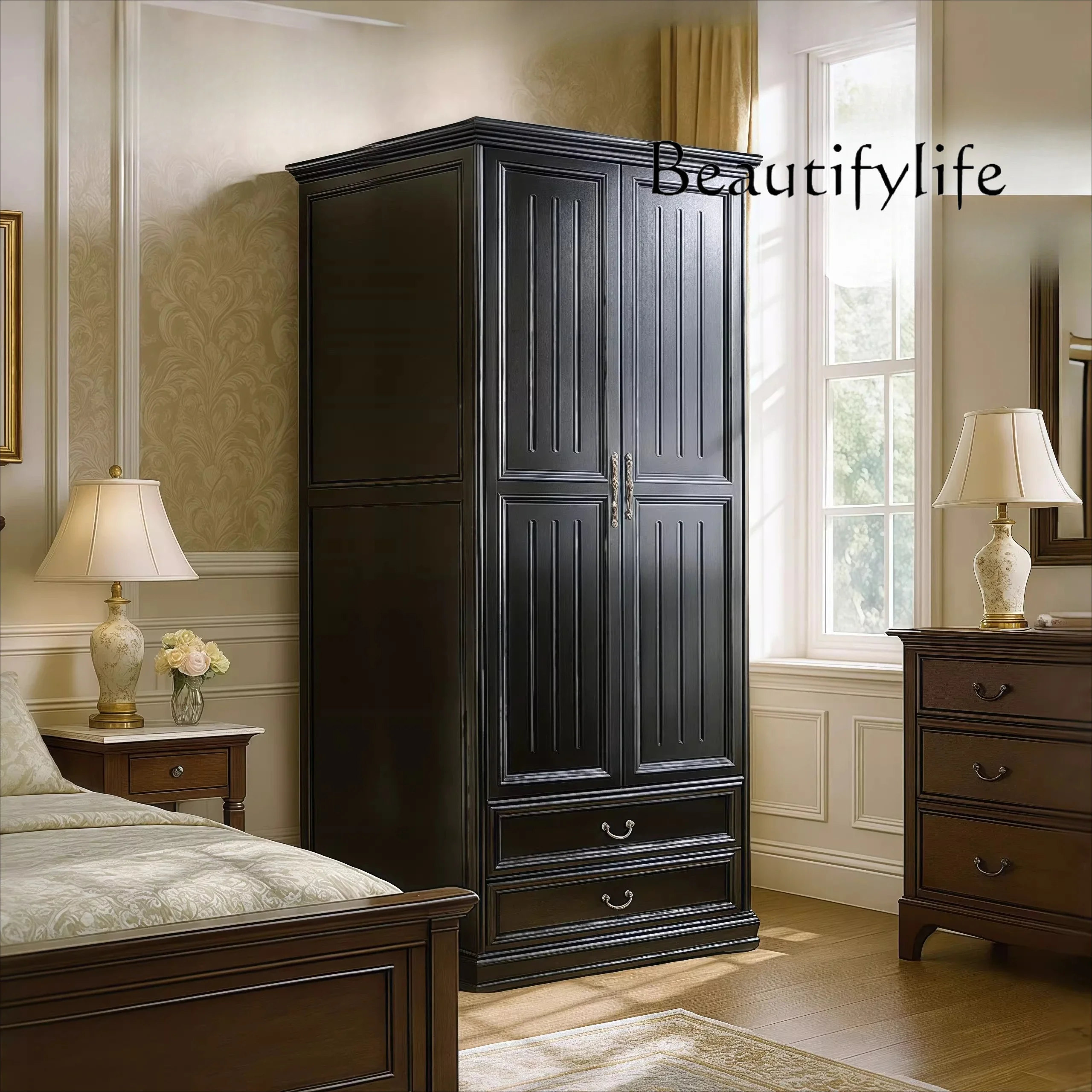 

u American solid wood floor-to-ceiling wardrobe, bedroom two-door storage locker, household classic black door-to-door wardrobe