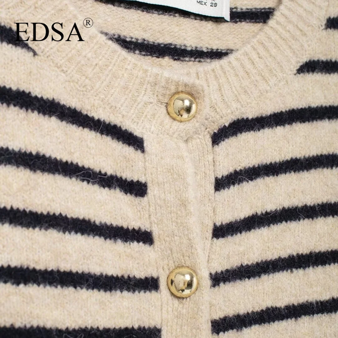 EDSA Women Striped Knit Cardigan O-neck Long Sleeves Ribbed Trims with Golden Button Casual Sweater Coat