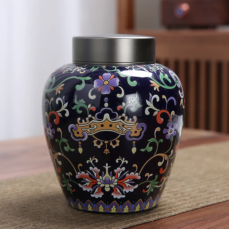 Painted Ceramic Tea Pot Alloy Lid Sealed Candy Nuts Coffee Beans Flower Tea Storage Tank Kitchen Grain Container Home Decoration