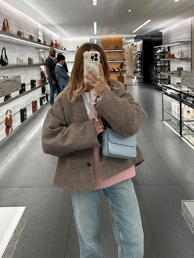 

Элегантные шерстяные куртки прямого кроя, женская мода, однобортное короткое пальто с v-образным вырезом, осень 2024, шикарная женская офисная уличная верхняя одежда