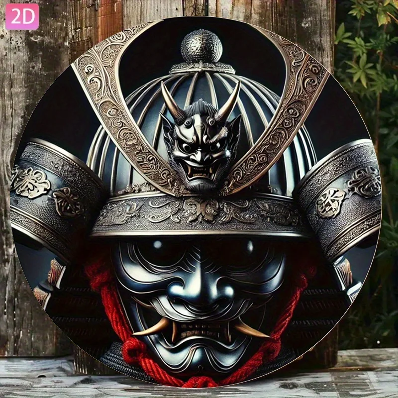 Placa de Metal Vintage Durável com Capacete Kabuto de Samurai Japonês e Máscara Oni - Decoração de Parede para Casa, Escritório, Bar e Caverna do Homem