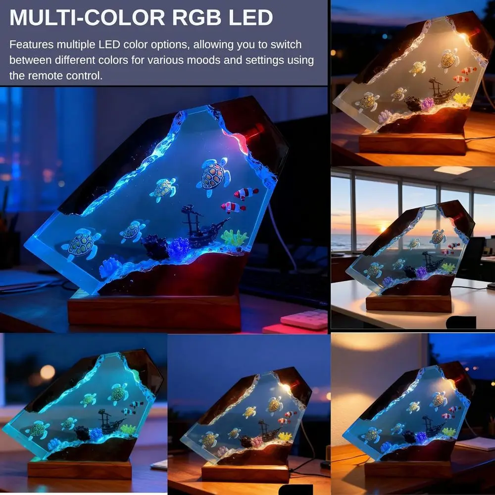 Resin Art LED Night Light: 16-Color USB Whale & Turtle Desk Lamp with Wooden Base, Remote Control, Handcrafted Gift for Holidays