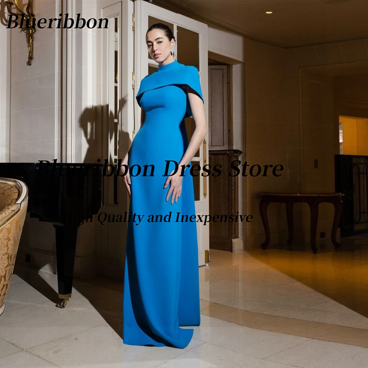 Blueribbon Hauter Couture 2024 Elegant Women Wear Evening Dresses High Collar Buttons Wraps Prom Dress Long Robe Des Marrige