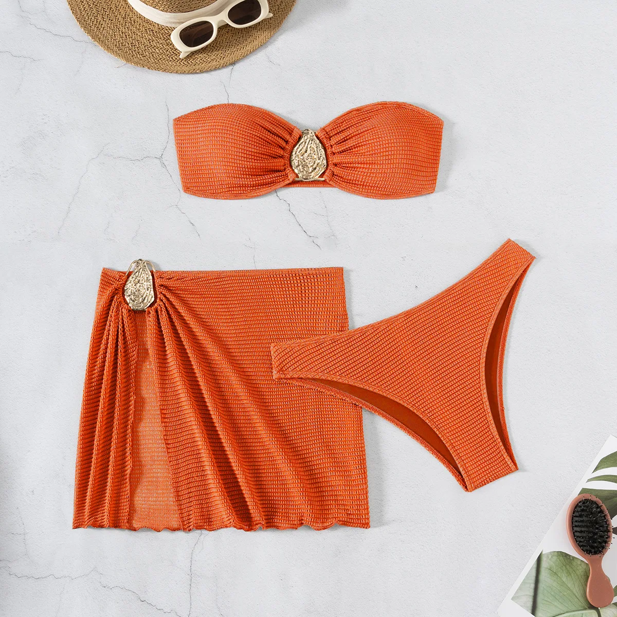 ブラウン固体水着ストラップレスバンドゥビキニセット 3 個カバーアップセクシーな水着女性 2025 メタルバックルビキニビーチウェア