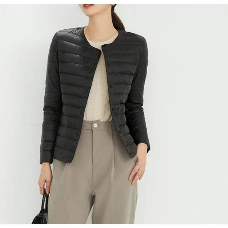 

Lightweight Down Jacket for Women 2025 Winter New Style Round Neck Adjustable V-neck Short Length Solid Color Down Jacket