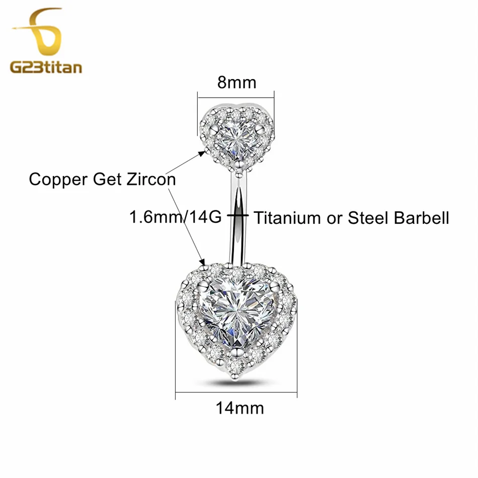 G23titan 6-16mm Length 14G Titanium Curved Barbell Zircon Heart Belly Button Piercing Ring Women Navel Piercing Ombligo Jewelry