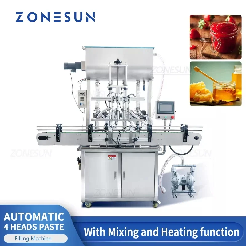 ZONESUN ZS-YT4T-4PM 5-5000ml Automatic Curry Chili Paste Liquid Mixing Heating Filling Machine 300℃ Heat-resistant