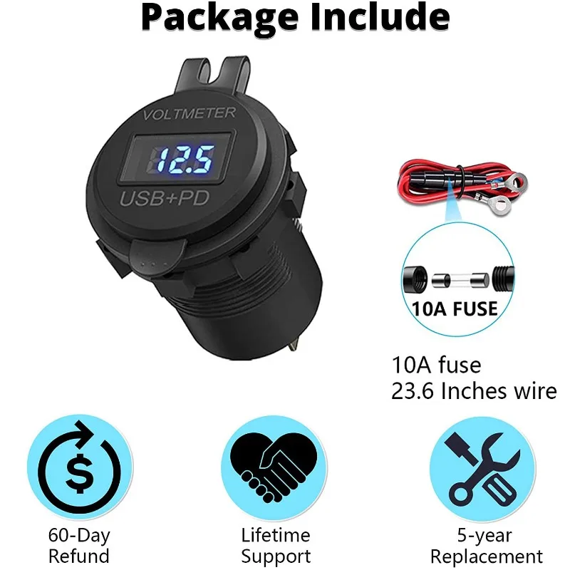 شاحن سيارة USB مزدوج مع شاشة رقمية، محول شحن سريع للسيارة/RV/البحرية، مقبس مقاوم للماء 12 فولت/24 فولت مع شاشة جهد #3