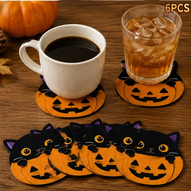 Cat Pumpkin 2D Wooden Coasters Halloween Heat Insulating Kitchen Dining Table Mats Holiday Party Housewarming Gifts Home Decor