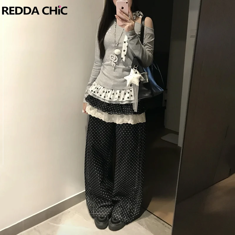 

Женские джинсы ReddaChic с эффектом многослойности, черные, в стиле ретро, с цветными блоками и горошком, широкие джинсовые брюки Y2K, модная уличная одежда