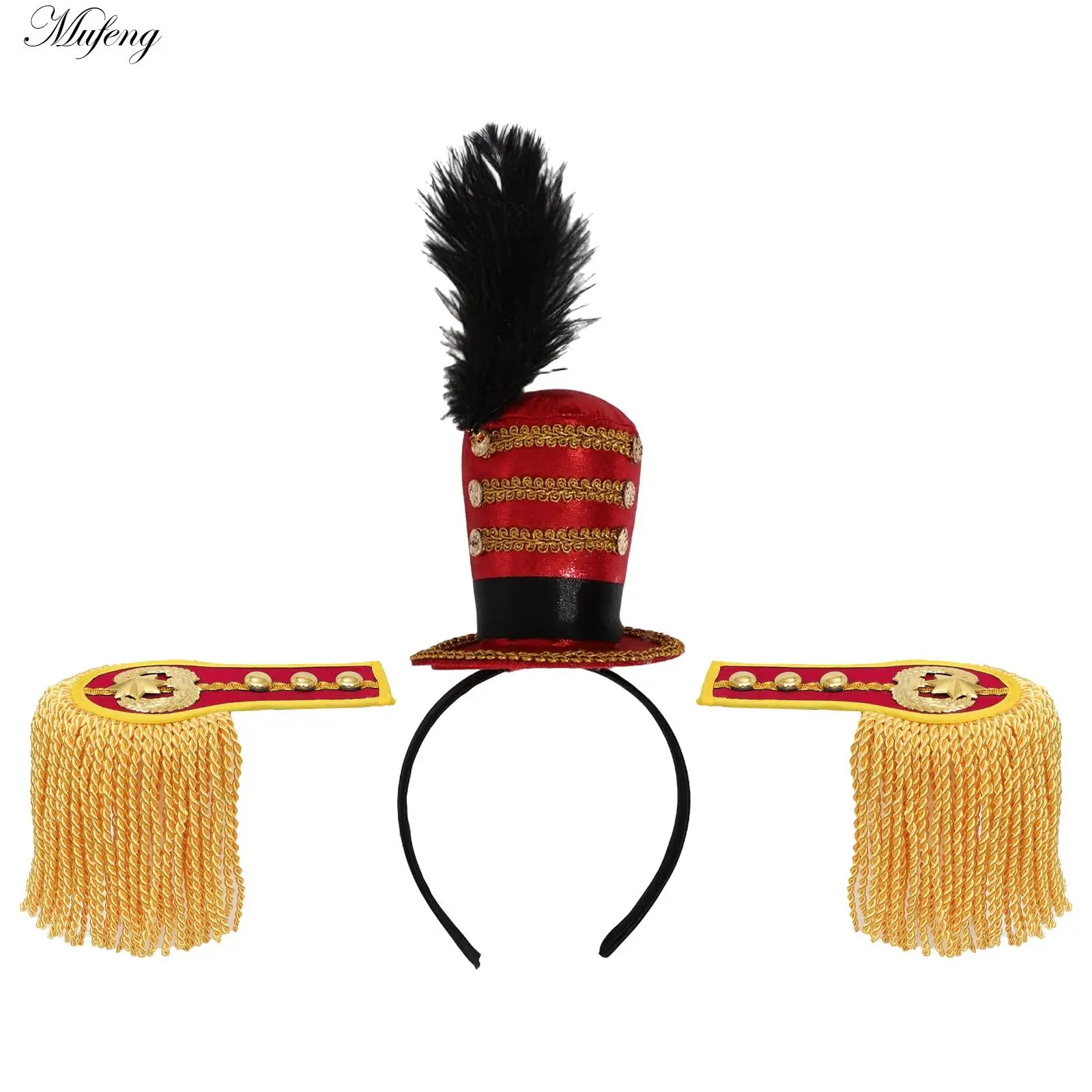 Fringe Shoulder Epaulette Pins Tassel Shoulder Pads + Headband Badge for Men Women Cosplay Carnival Circus Ringmaster Accessory