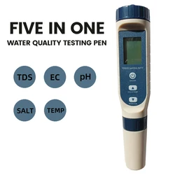 Tester soli basenowej, miernik zasolenia cyfrowy, wysoka dokładność 5 w 1 Tester zasolenia TDS/EC/PH/listwy/temperatura dla słonej wody