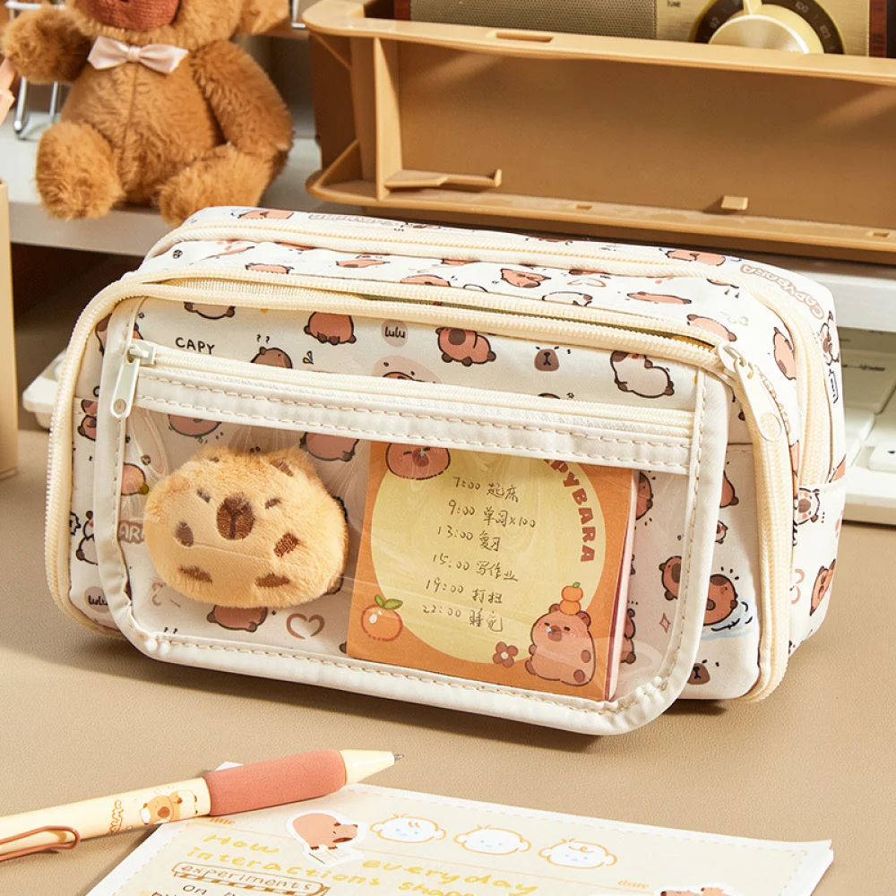 Cartoon Capybara Pattern Pencil Case Large Capacity Stationery Bag Organizer Pouch For Students Office School Gift