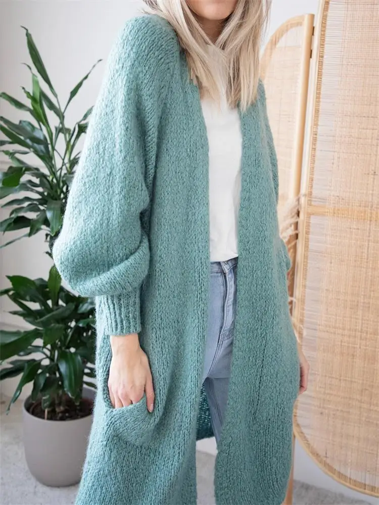 

Women's Knit Sweater Cardigan 2023 Autumn And Winter New Medium Long Solid Color Side Pocket Large Size Cardigan