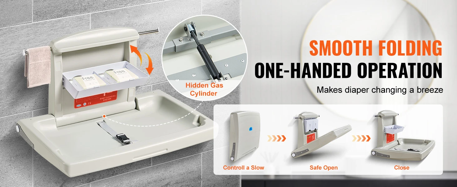 SucceBuy Wall-Mounted Baby Changing Station Horizontal Foldable Diaper Change Table Safety Straps and Hanging Rods for Newborns