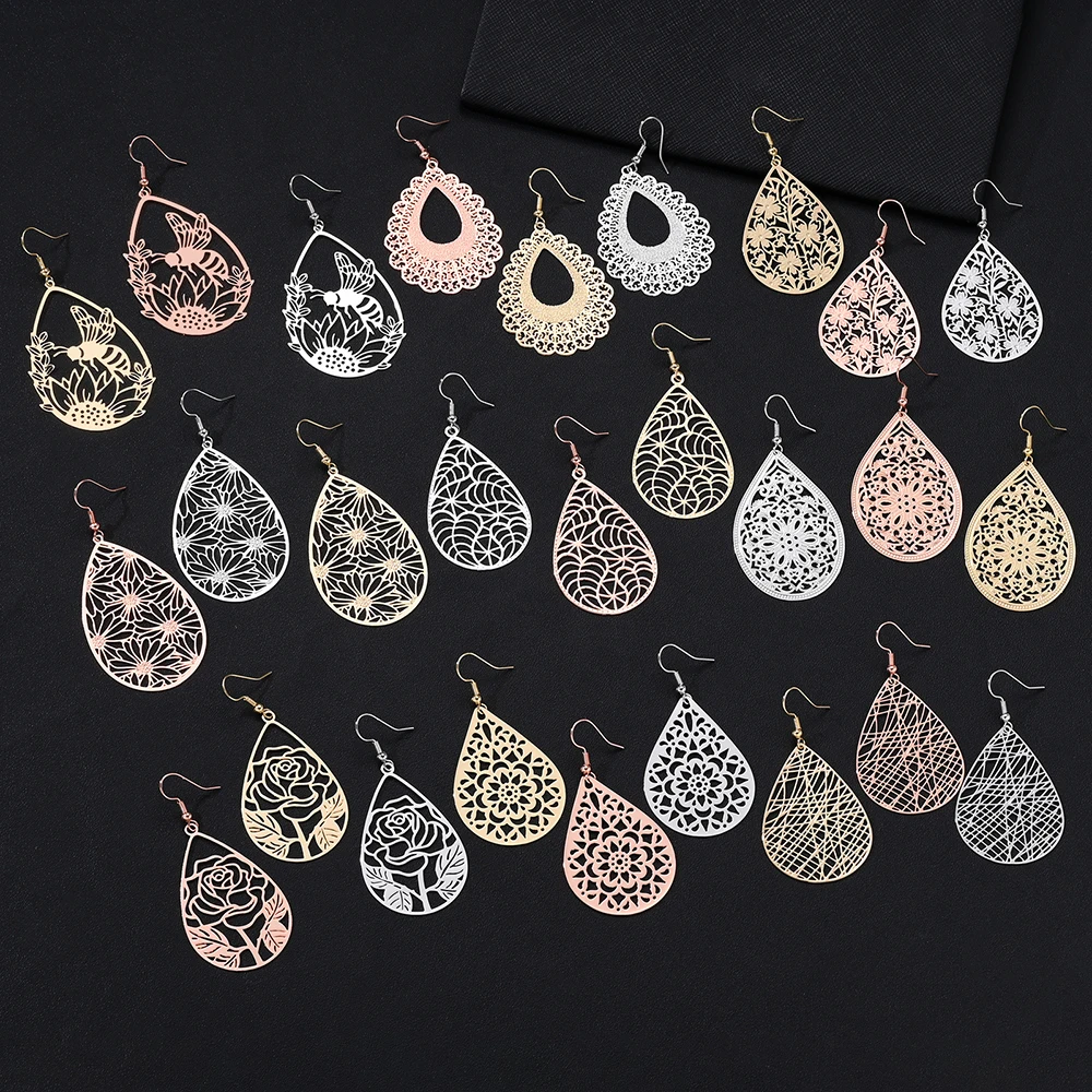 Four Seasons Fashion Jewelry Metal Copper Material Eco friendly Water Drop shaped Flower Leaves Retro Earrings Women Daily Wear
