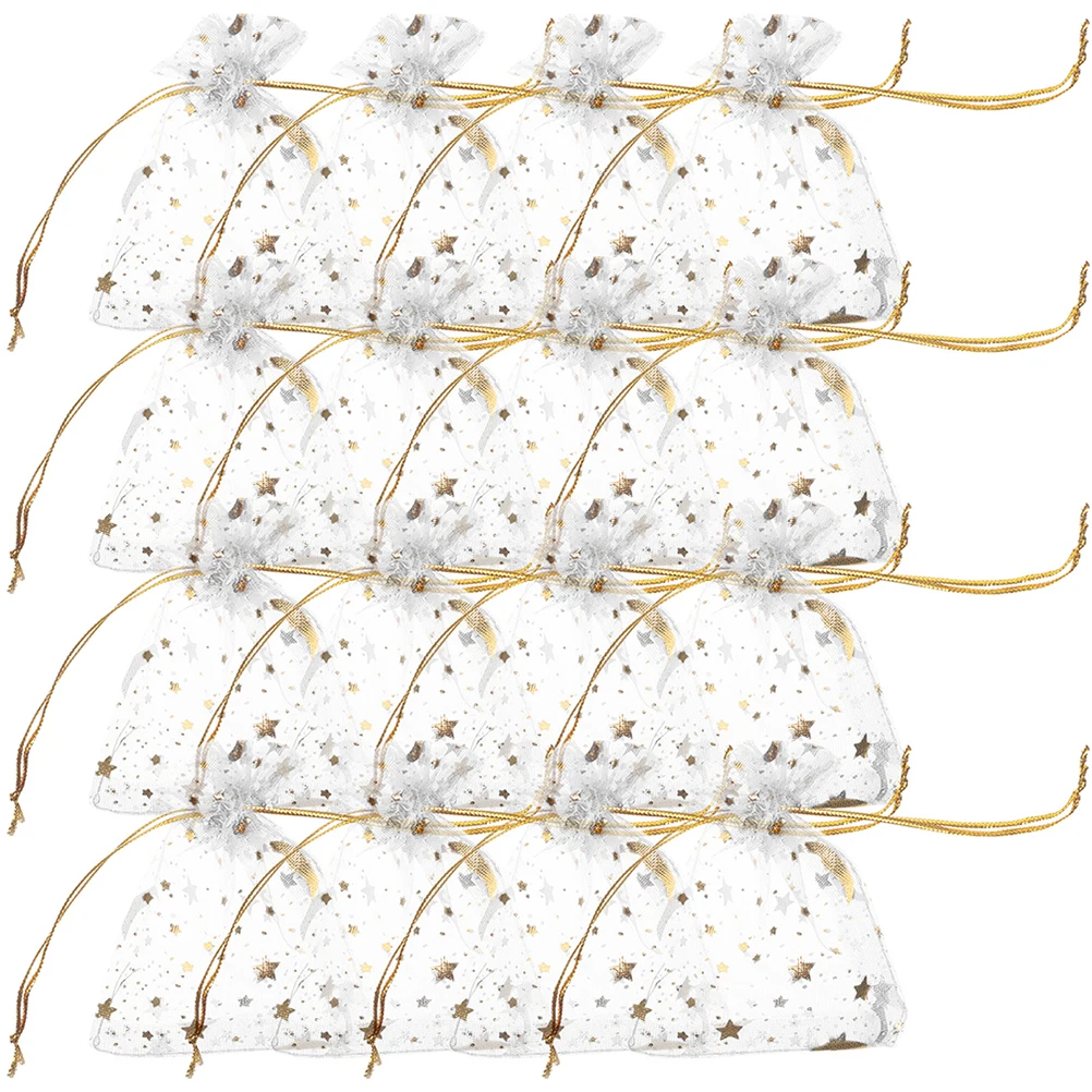 

50pcs Gold-stitched Stars Moon Mesh Bags 9x12cm White Drawstring Organizers for Jewelry Gifts Party Favors Storage