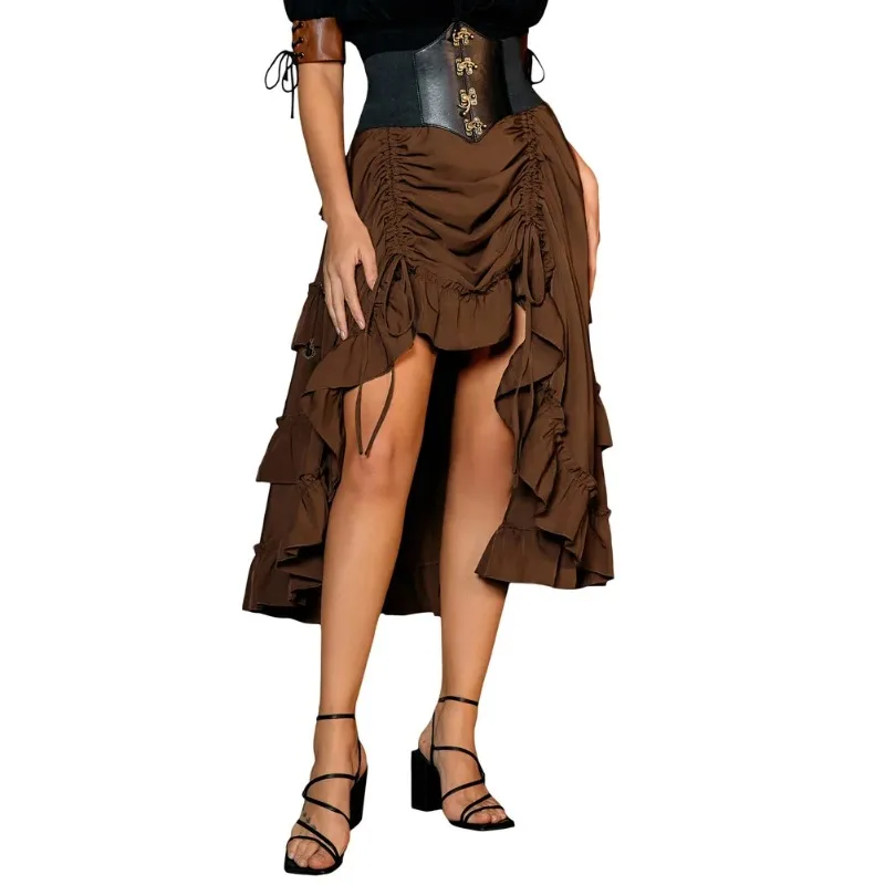 2026 New Women Vintage Renaissance Length Adjustable Skirts Elastic-Waist Ruffled Maxi Skirt Steampunk Gothic Halloween Costume