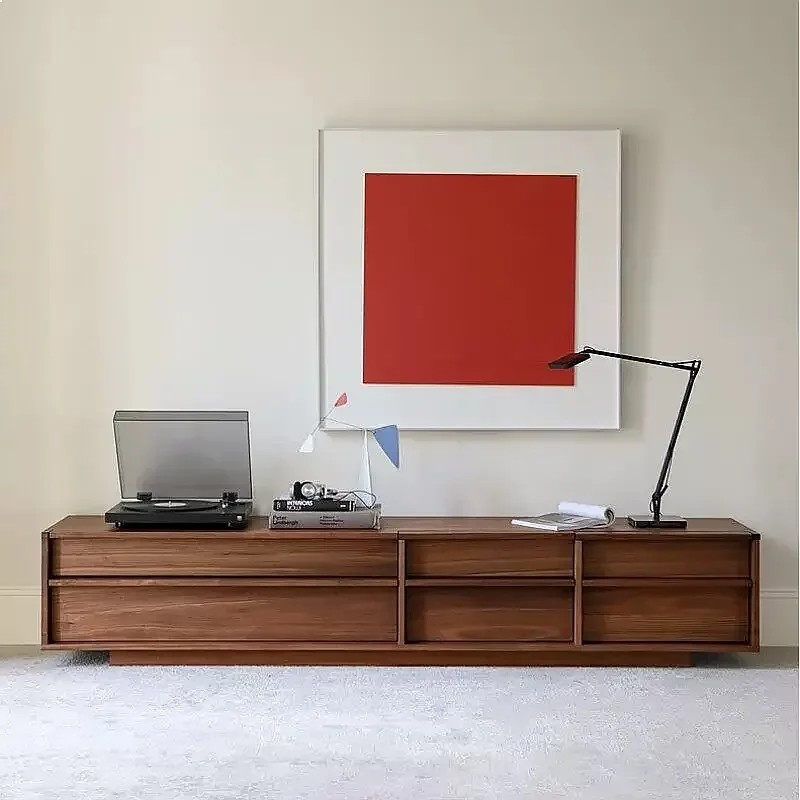 ZX Black Walnut Solid Wood TV Stand Nordic Mid-Century Retro Living Room Sideboard Storage Cabinet With Skeleton Lines