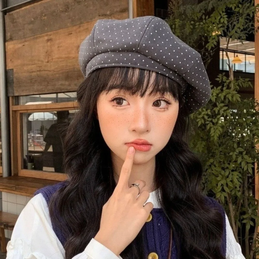 

Sweet Cotton Polka Dot Beret Hat Korean Style Keep Warm Women Painter Hat Newsboy Versatile Women Octagonal Cap Girl