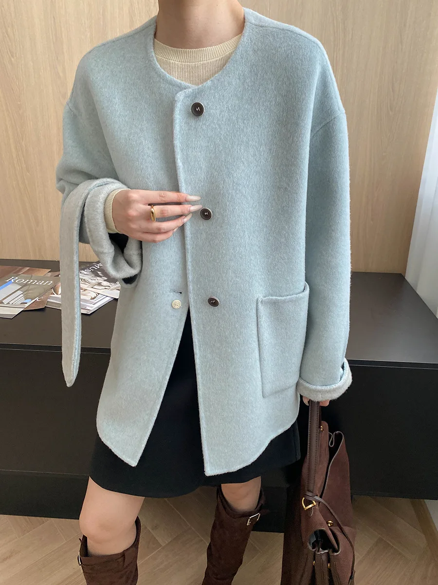 

Women's casual solid color classic versatile round neck with scarf, wool double-sided woolen coat